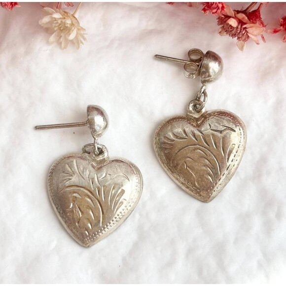 Jewelry - Heart Shaped Hand Carved Vintage Sterling Silver 925 Dangling Earrings